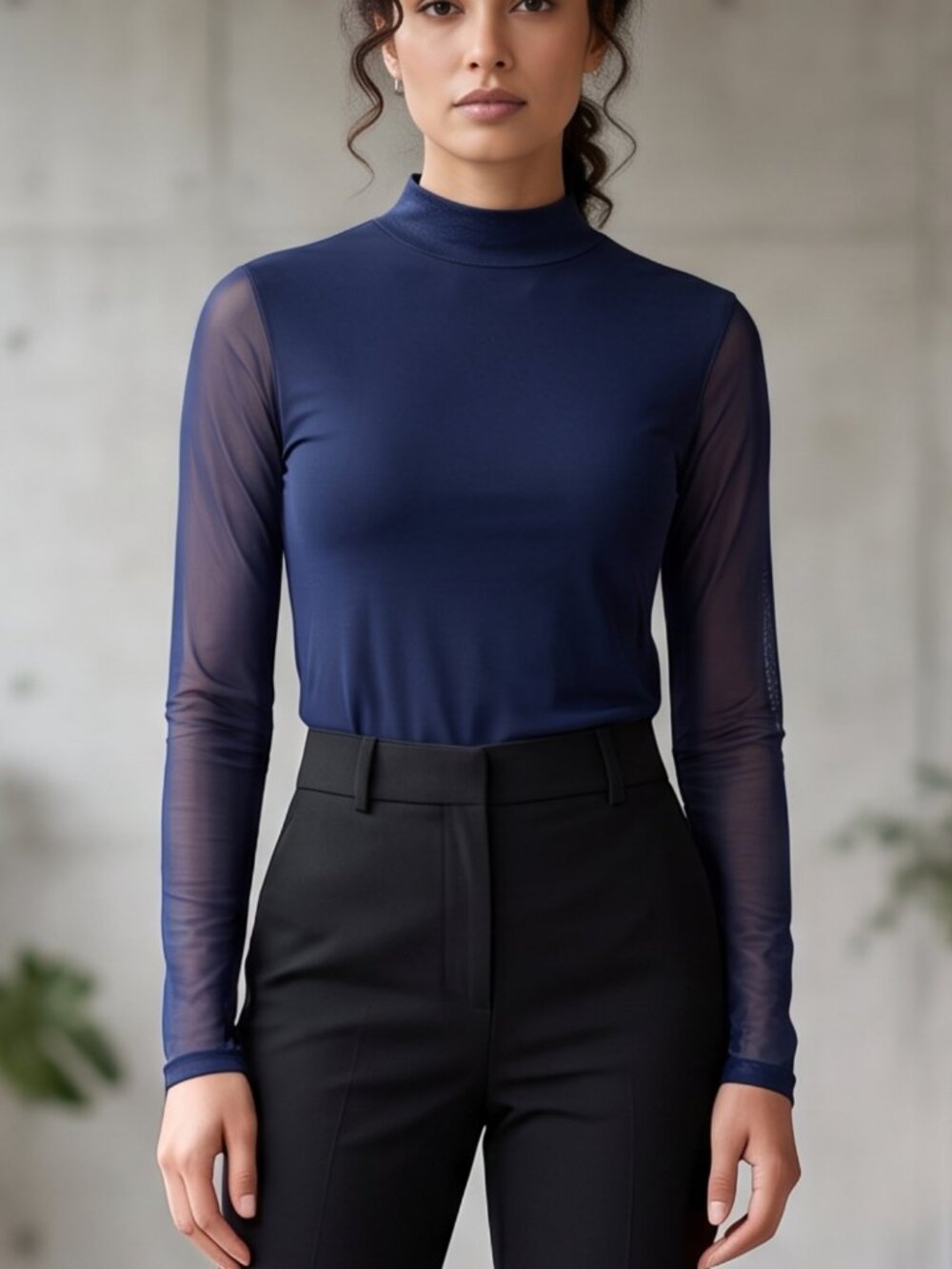 NWT  Cozyease Navy Blue Sheer Mesh Mock Neck Long Sleeve Layering Top | XXL Plus